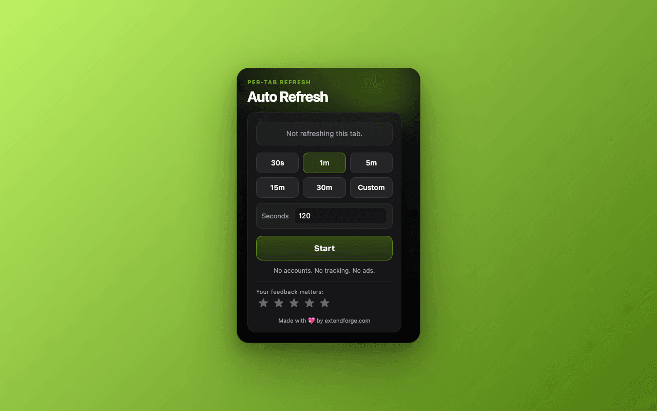 Auto Refresh Chrome extension screenshot showing the popup interface
