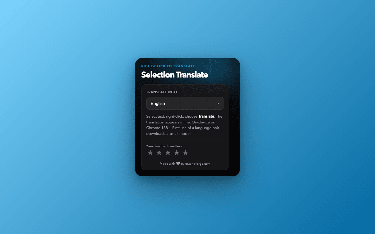 Selection Translate Chrome extension screenshot showing the popup interface