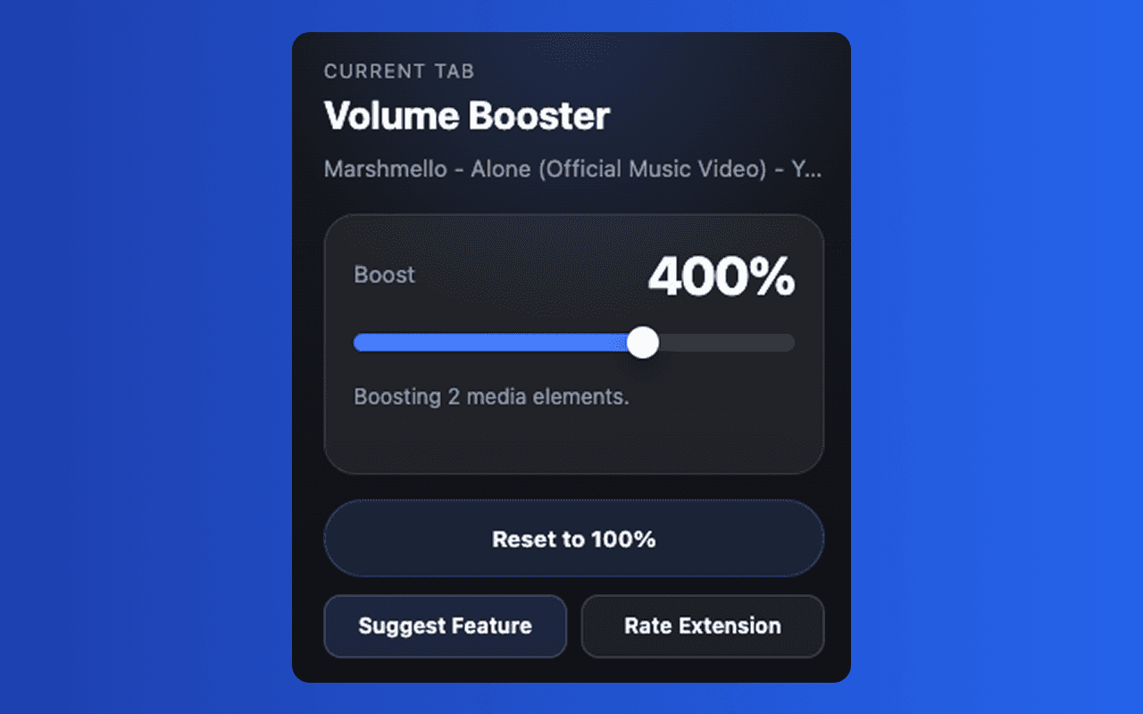 Volume Booster Chrome extension screenshot showing the popup interface